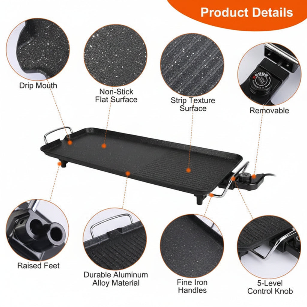 Electric griddle with features highlighted on a white background