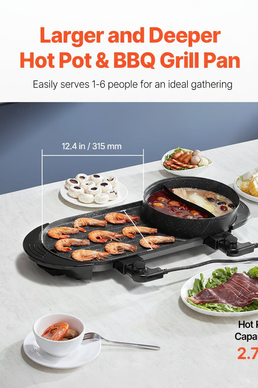 Hot pot and BBQ grill pan with food on a table, showing dimensions and capacity.