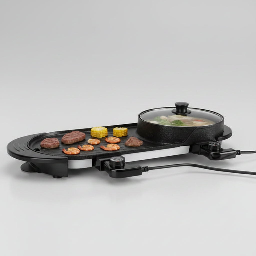 Electric BBQ grill with temperature control settings and cooking options on a kitchen counter.