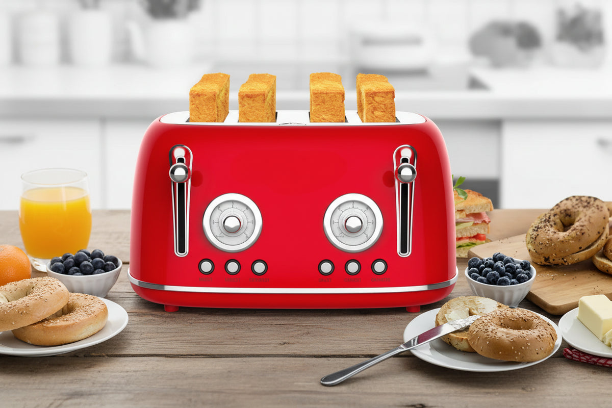Red toaster with four slices of bread, surrounded by breakfast items on a wooden table.