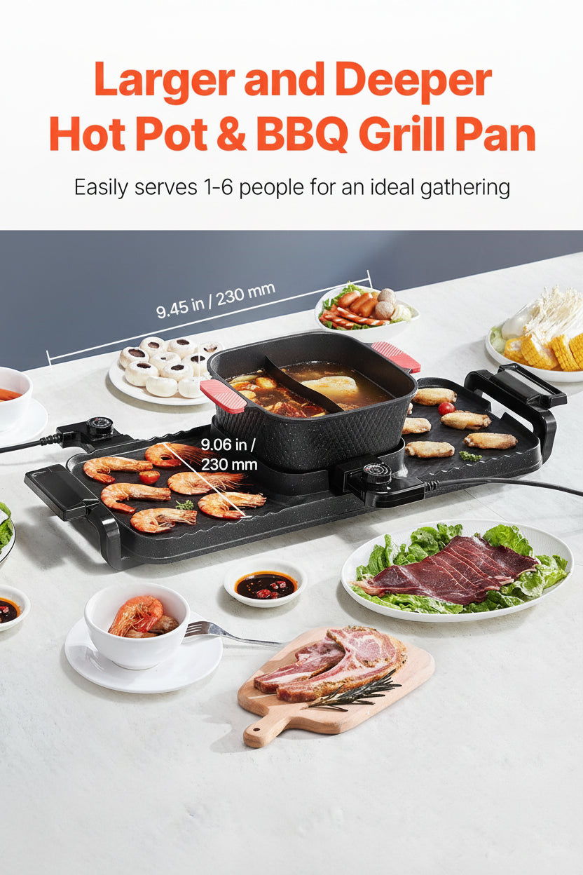 Hot pot and BBQ grill pan with food on a table, showing measurements and capacity details.