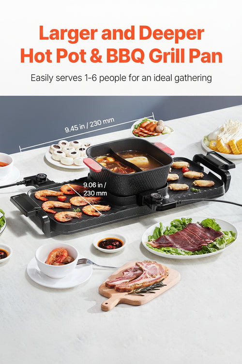 Hot pot and BBQ grill pan with food on a table, showing measurements and capacity details.