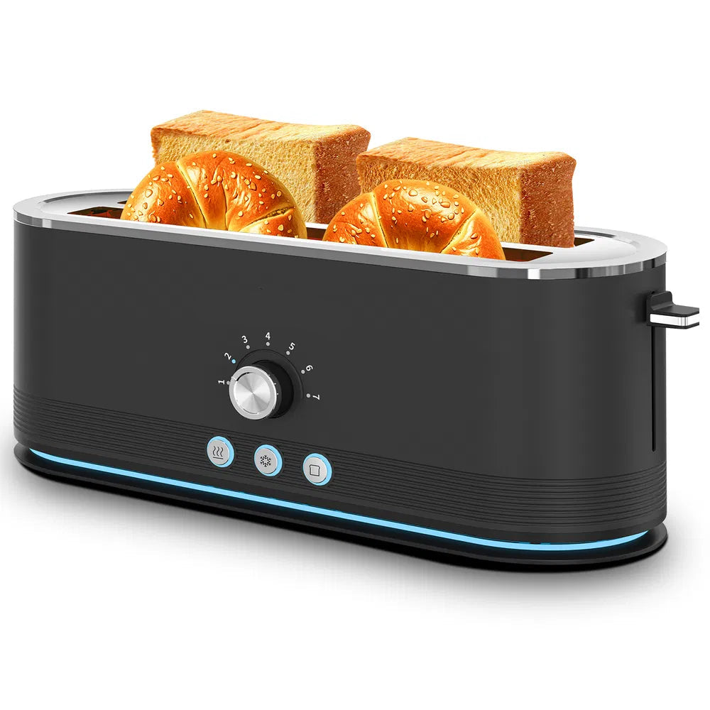 Black toaster with slices of bread on a white background