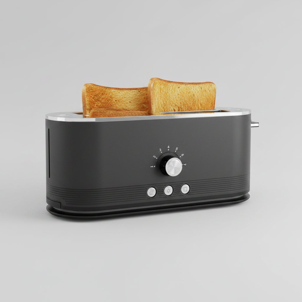 Black toaster with slices of toast on a white background.
