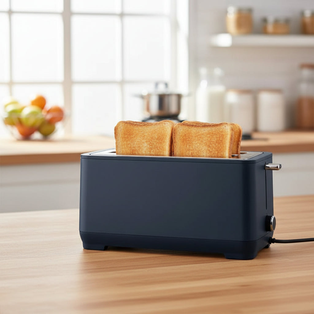 Black toaster with slices of toast showing different browning times and a child in the background.