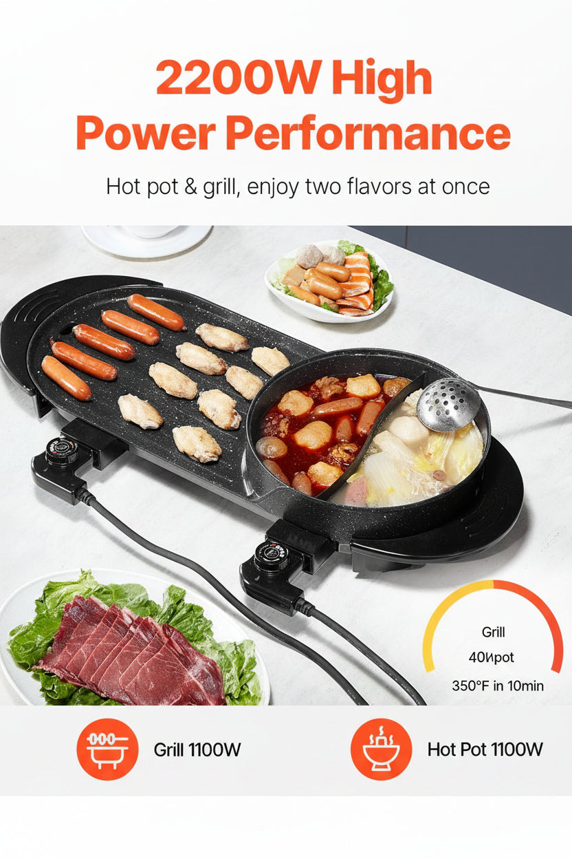Electric hot pot and grill with food on a white background, featuring text about power performance.