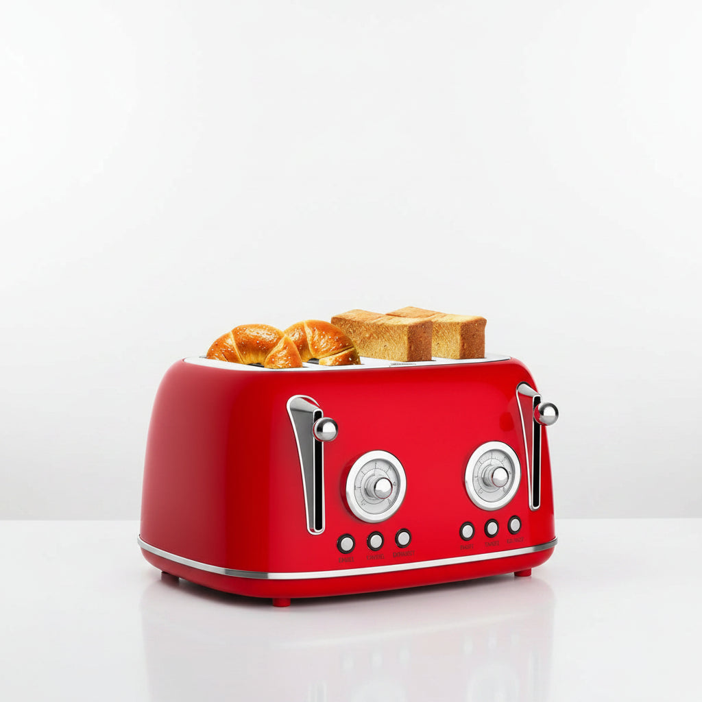 A bright red 2-slice toaster with silver controls and lever handles, shown with croissants and toast inside. The image includes marketing text at the top reading '1.