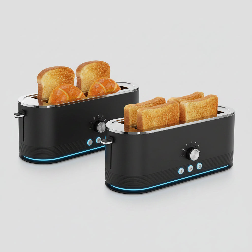 Black toaster with slices of bread on a white background.