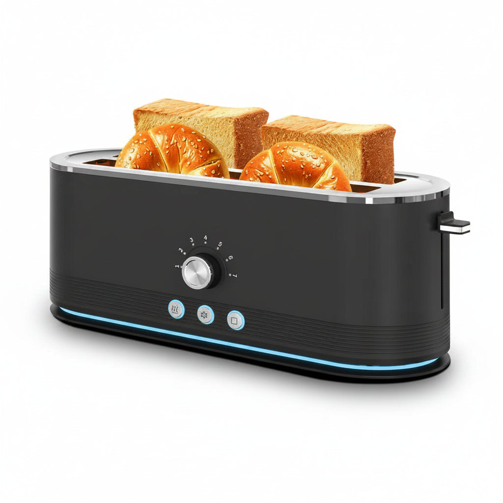 Black toaster with slices of bread on a white background