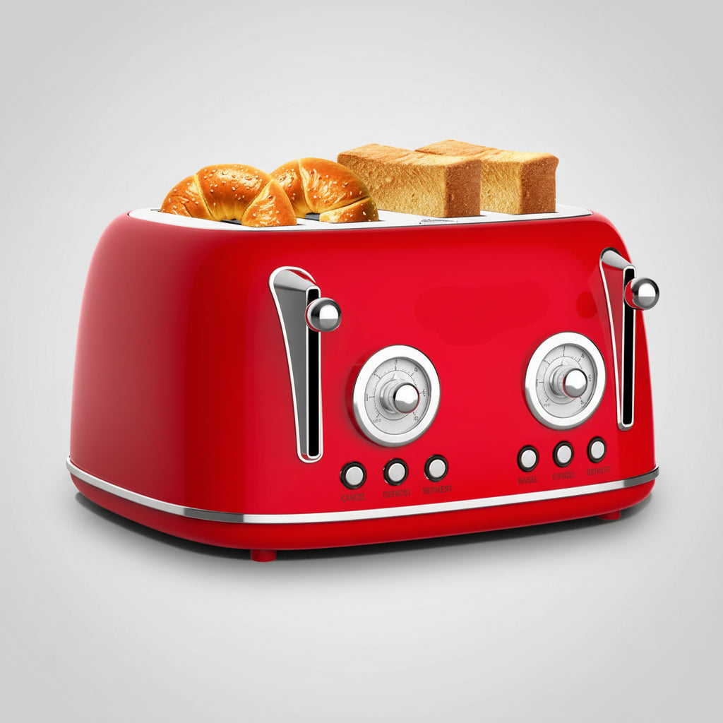 Red toaster with slices of bread on a white background