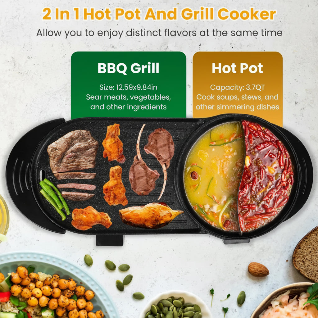2-in-1 hot pot and grill cooker with food items on a white background