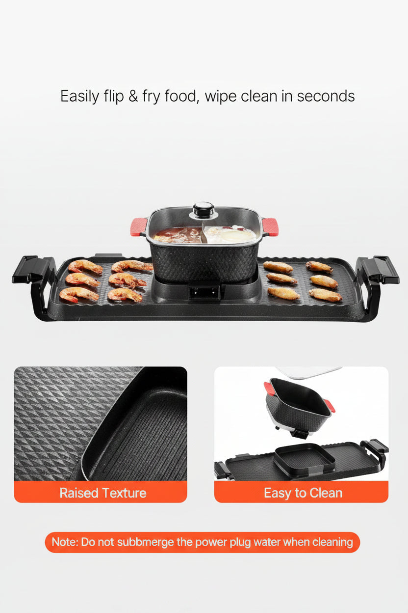 Multifunctional cooktop with non-stick coating features and text highlighting its benefits.