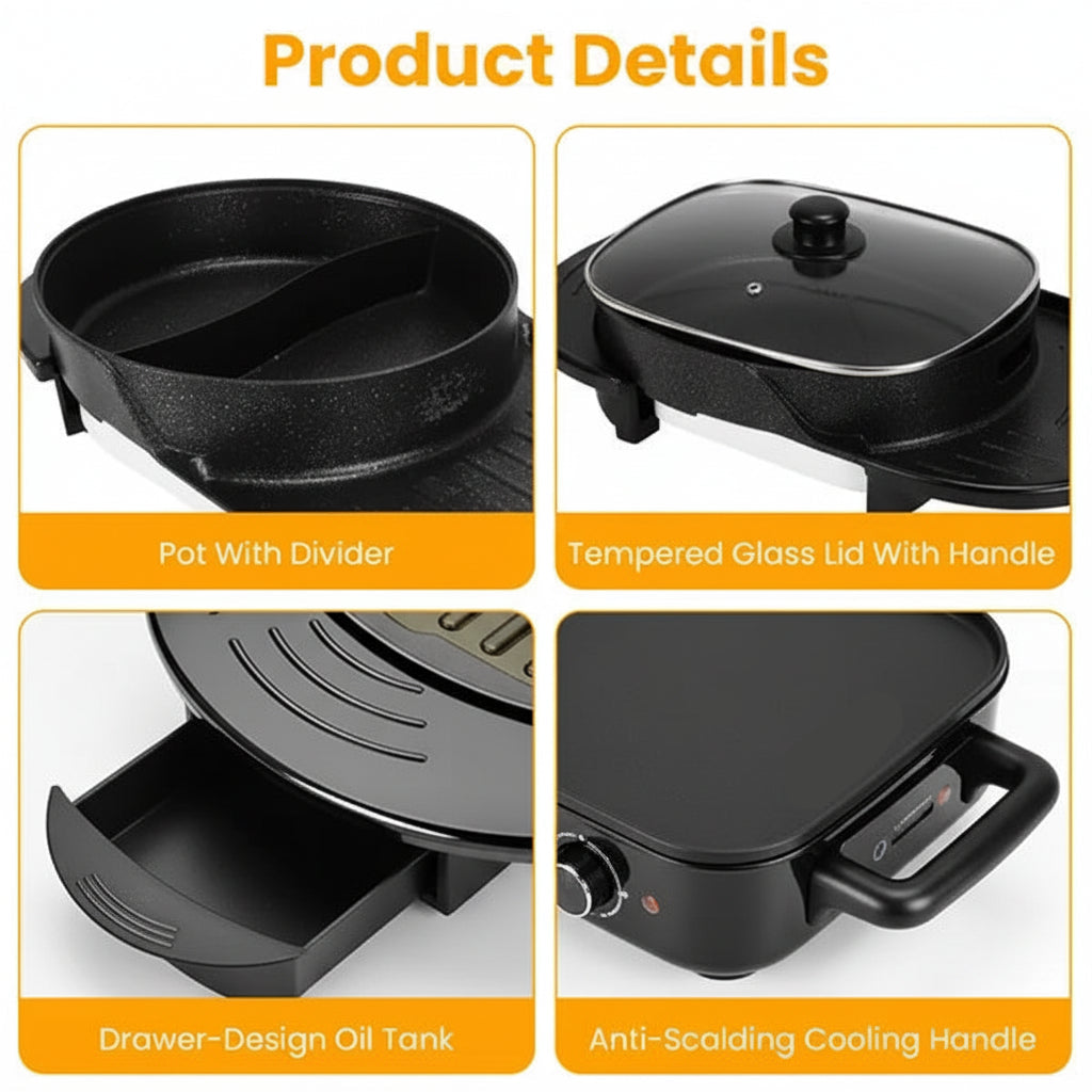 Product details of a black pot with features like a divider, glass lid, oil tank, and cooling handle.