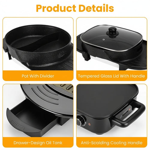 Product details of a black pot with features like a divider, glass lid, oil tank, and cooling handle.