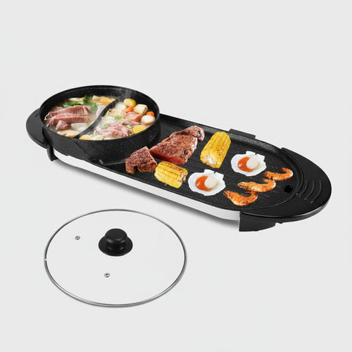 Electric grill with food on a white background
