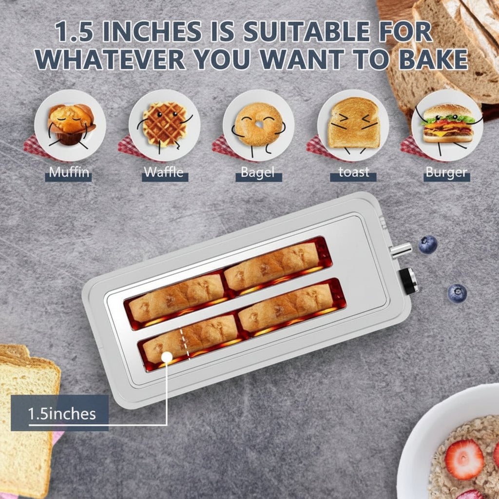 Toaster with bread slices on a gray surface, showing the suitable size for various baked items.