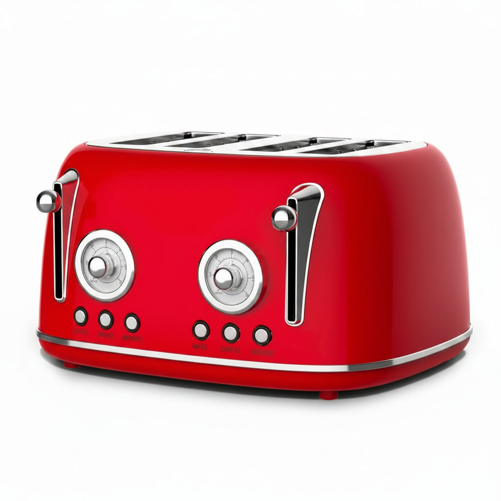 Red toaster with four slices of toast on a white background