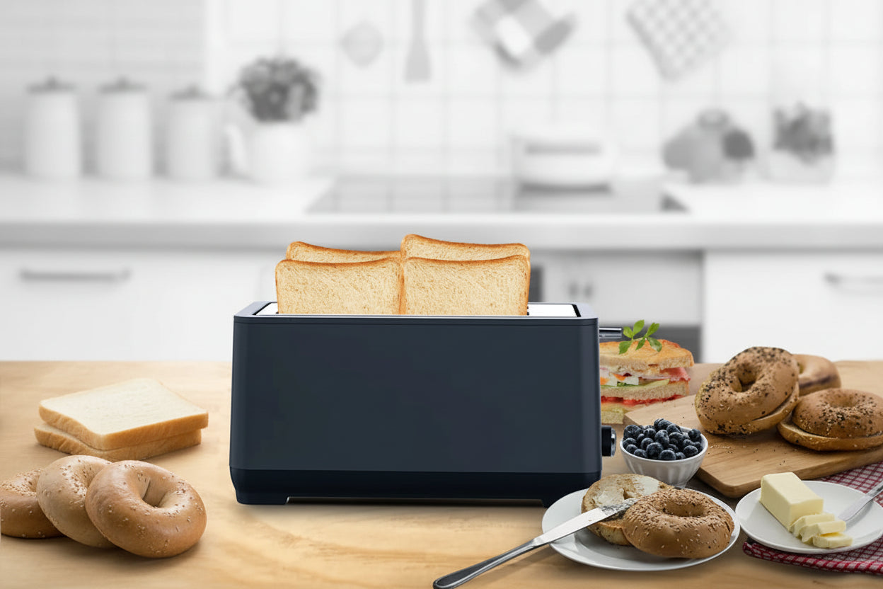 Black toaster with slices of bread, surrounded by breakfast items on a wooden table.
