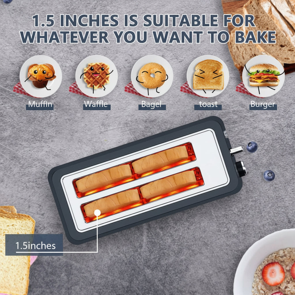 Toaster with toast slices on a gray surface, surrounded by images of various baked items.
