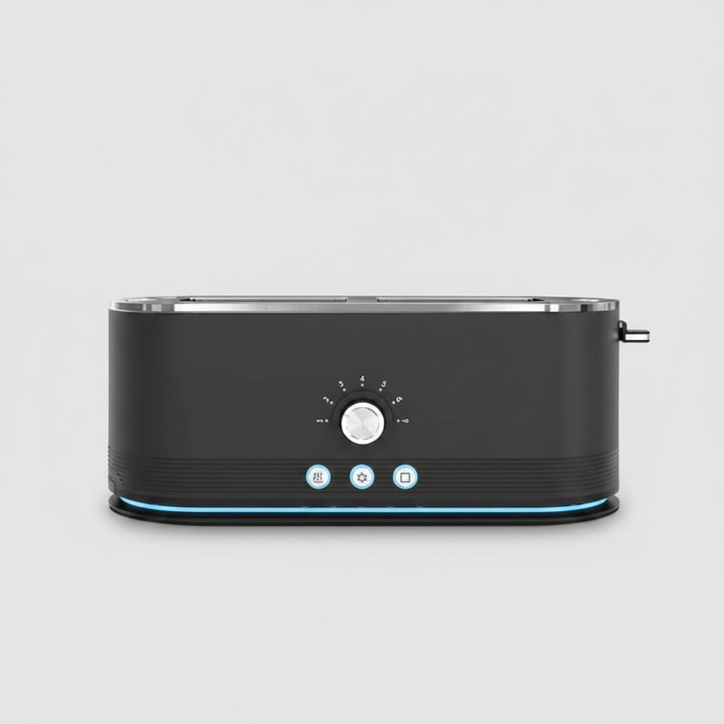 Black toaster with wide toasting slots, surrounded by bread, bagels, and waffles on a kitchen counter.