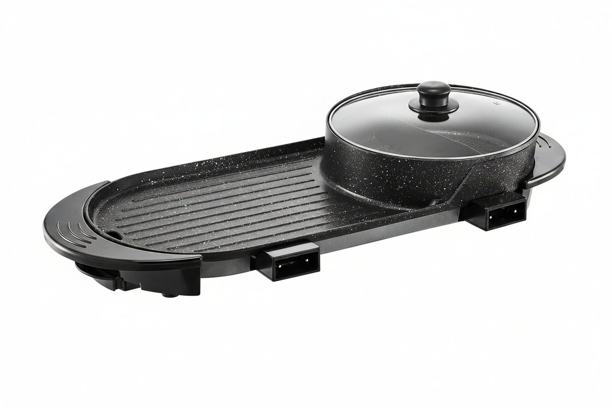 Black electric grill with a lid on a white background