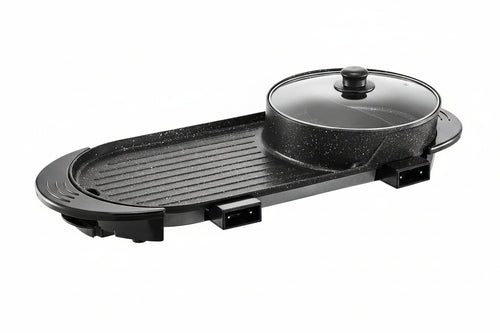 Black electric grill with a lid on a white background