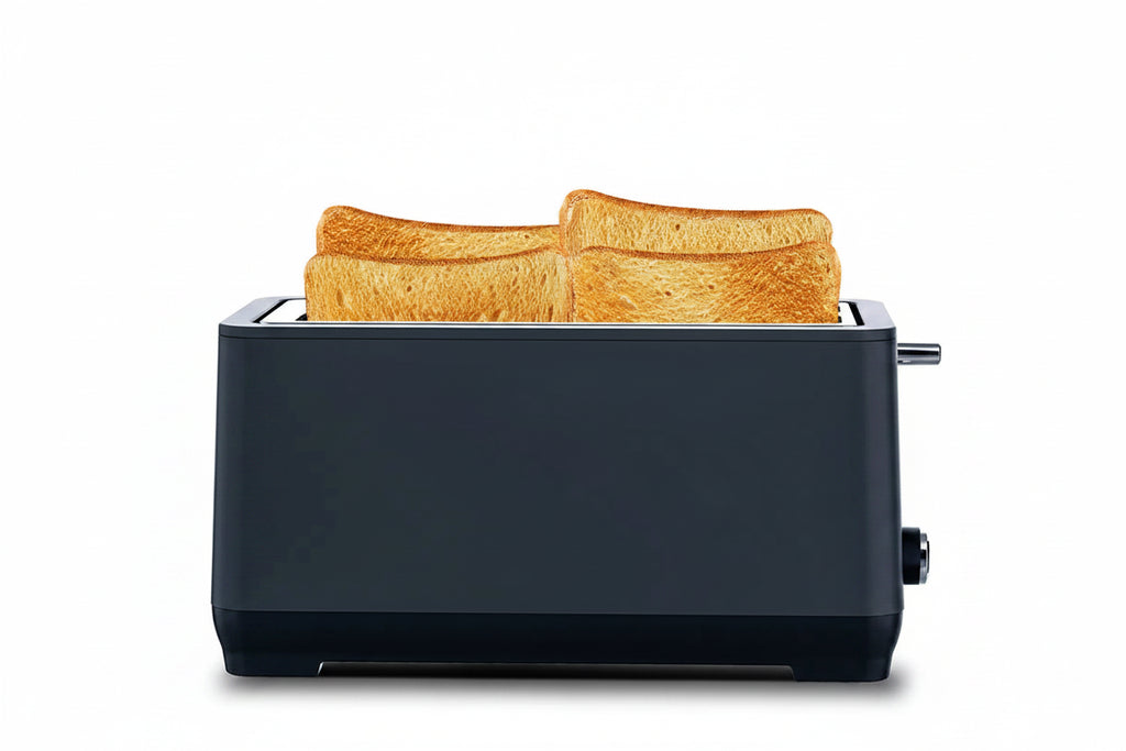 Black toaster with two slices of toast on a white background, featuring the PlumChef brand.