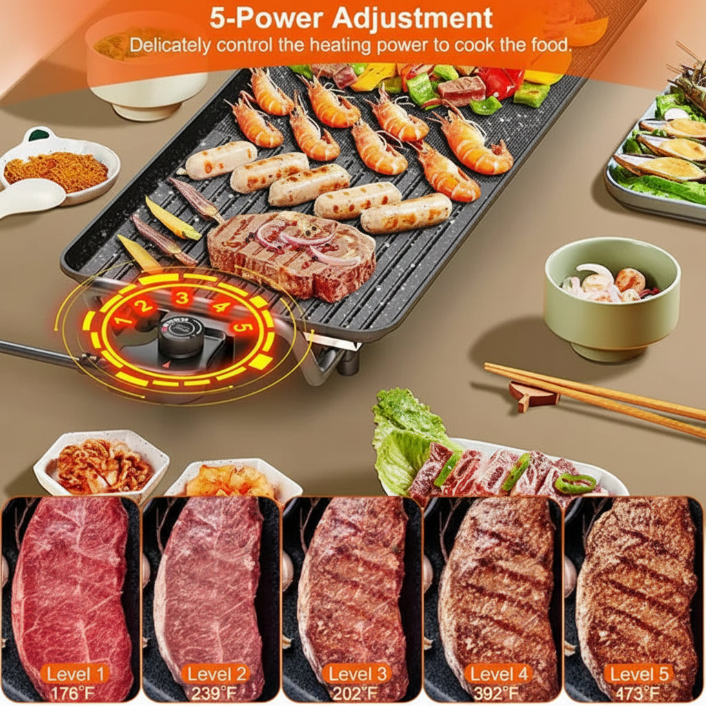 Electric grill with food being cooked, showing different levels of doneness for meat.