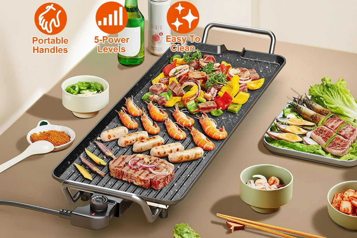 Electric grill with food on a table, featuring portable handles, 5-power levels, and easy cleaning text.
