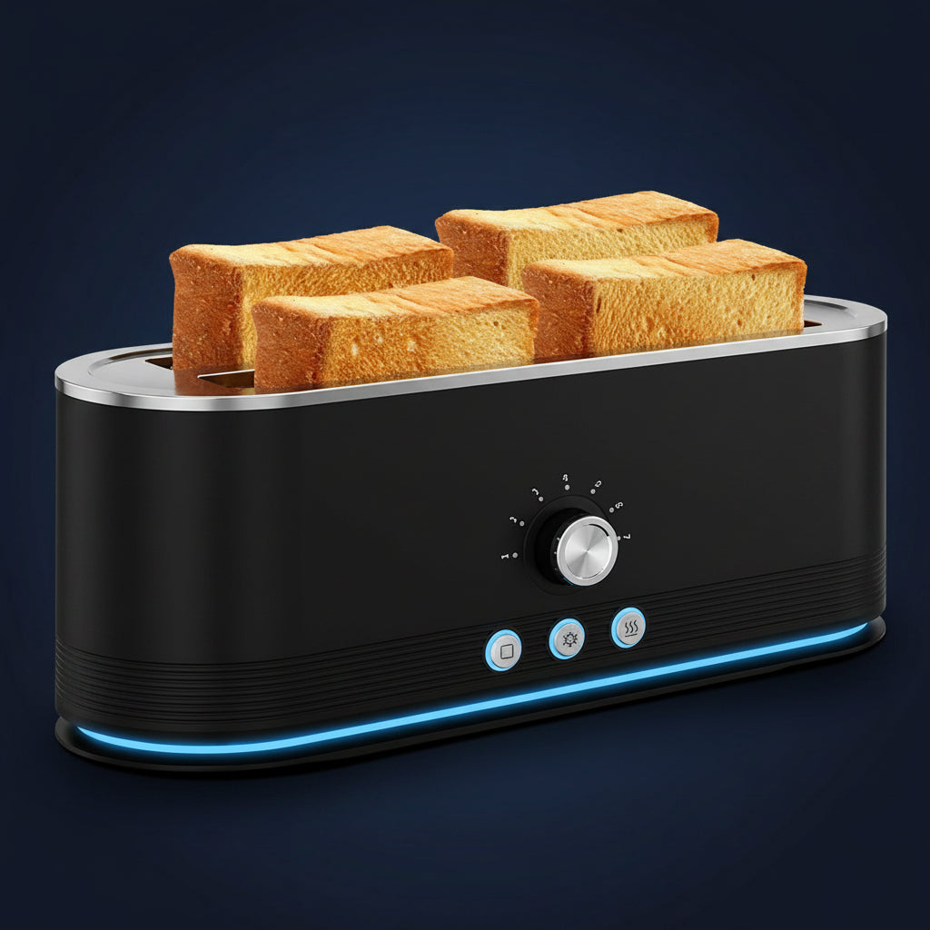 Black toaster with four slices of toast on a white background