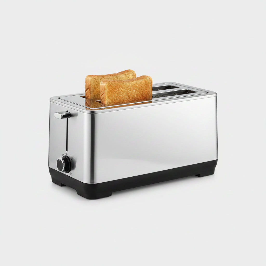 Toaster with slices of bread, surrounded by breakfast items on a wooden table.