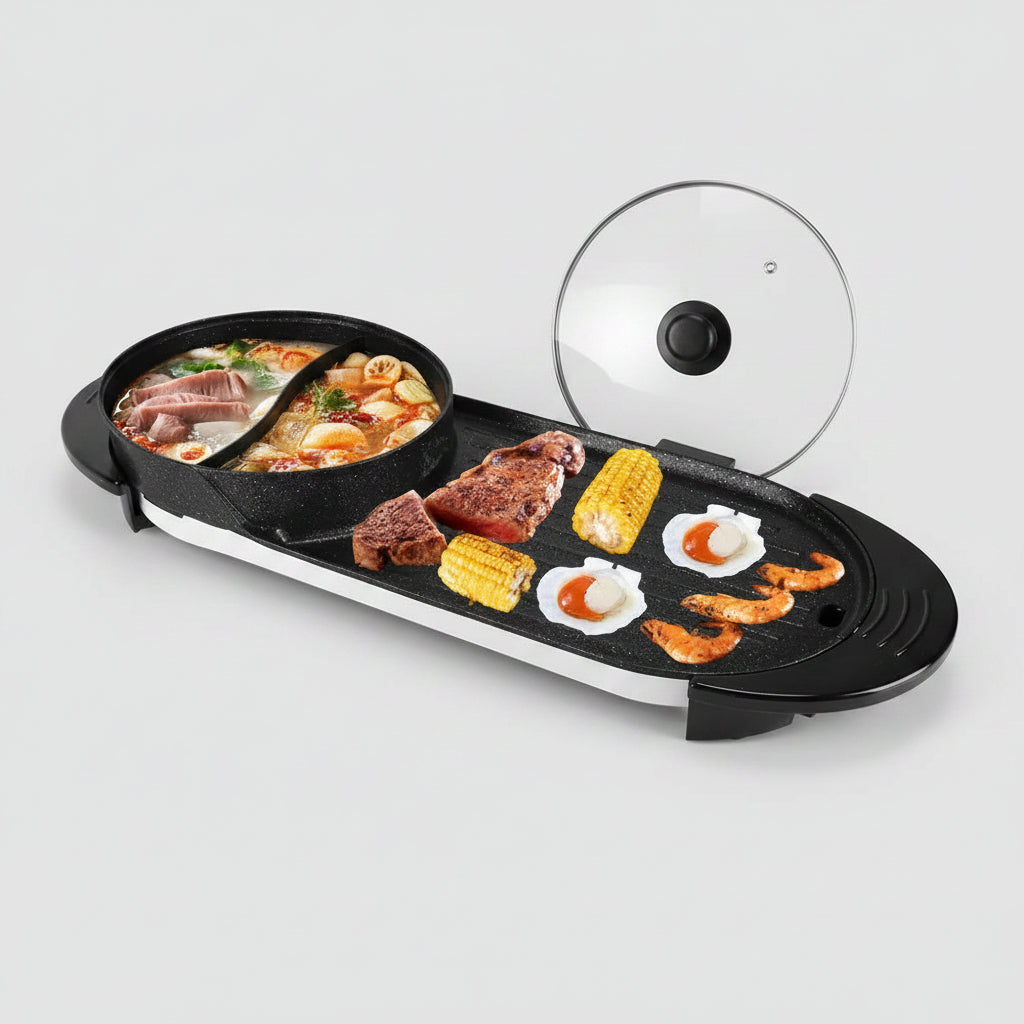 Electric grill with food on a white background