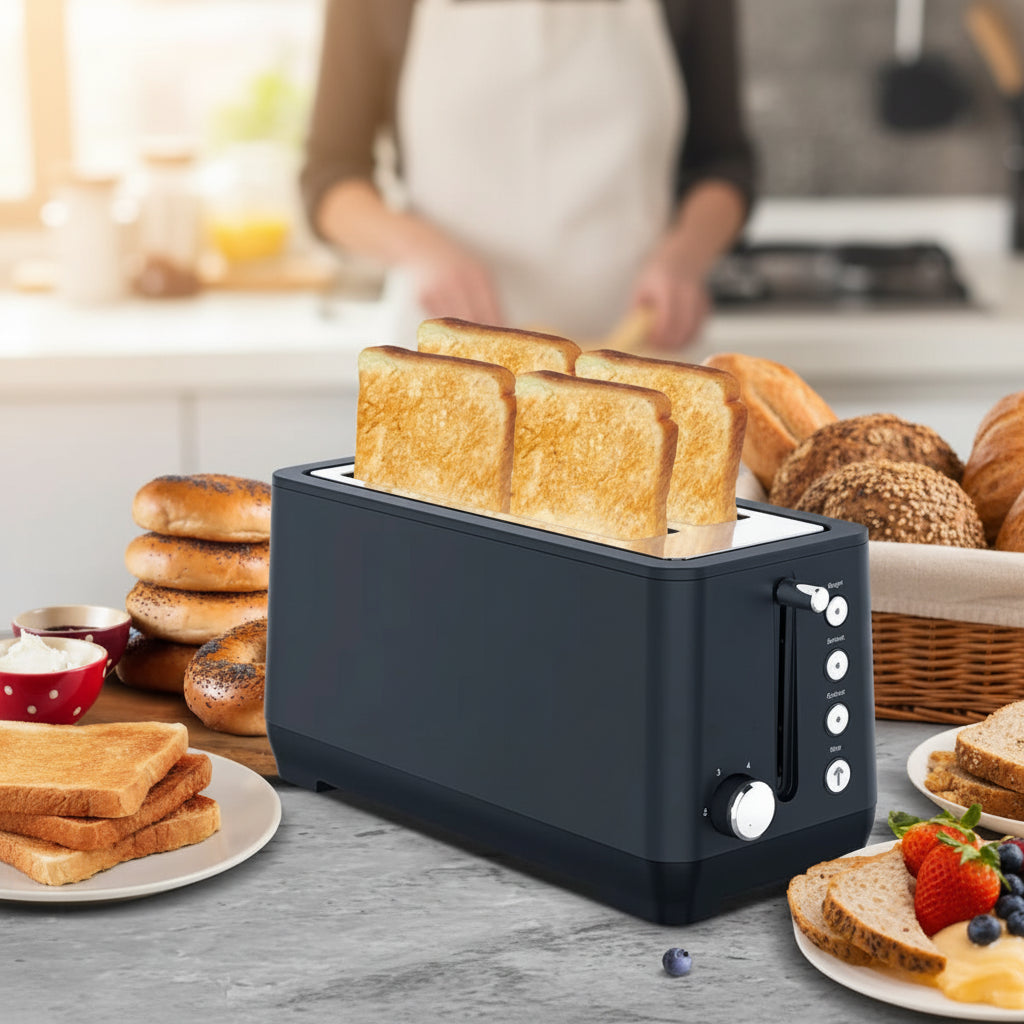 Black toaster with four slices of toast, surrounded by bread and breakfast items on a kitchen counter.