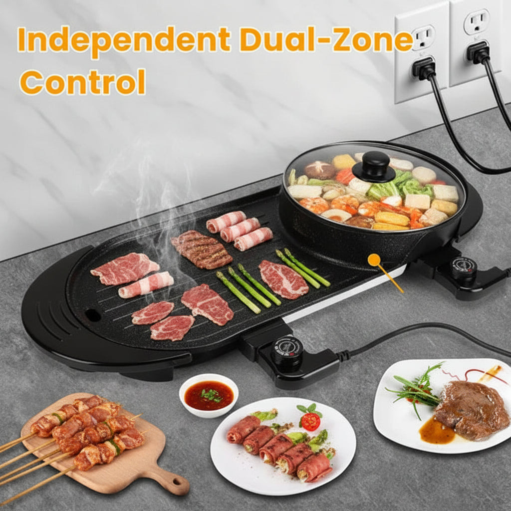 Multifunctional cooking appliance with BBQ grill, hot pot, and power adapter on a kitchen counter.