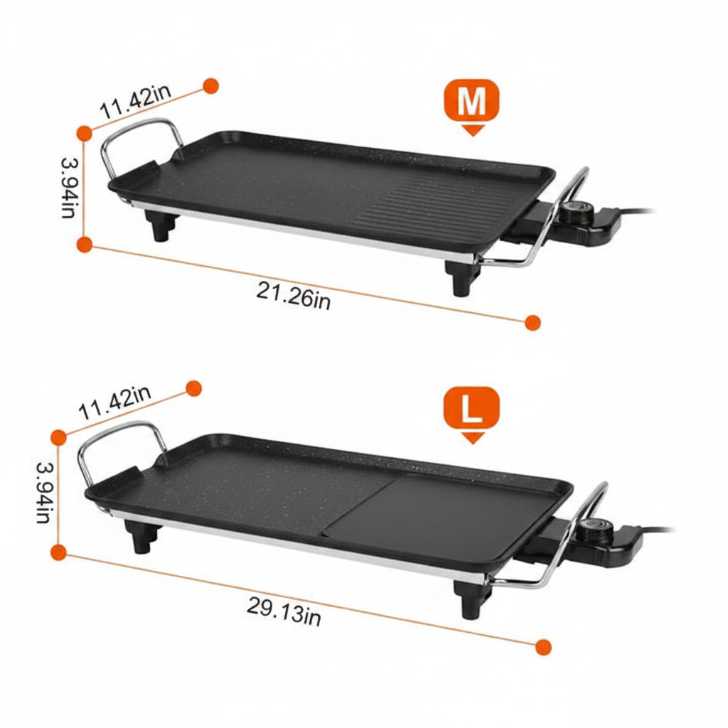 Two electric grills with measurements indicated on a white background