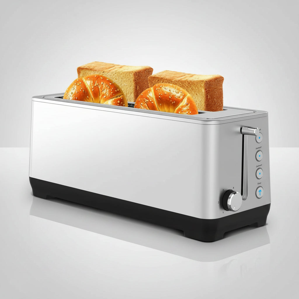 Silver toaster with slices of bread on a white background