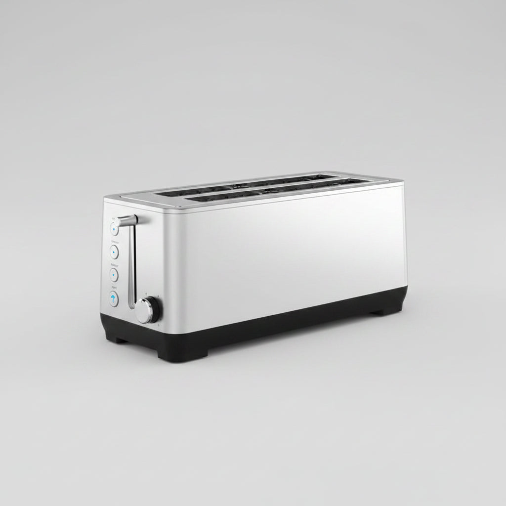 Long toaster with dual independent control panels, toasting bread and bagels, on a kitchen counter.