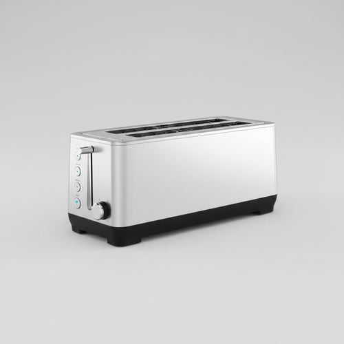 Long toaster with dual independent control panels, toasting bread and bagels, on a kitchen counter.