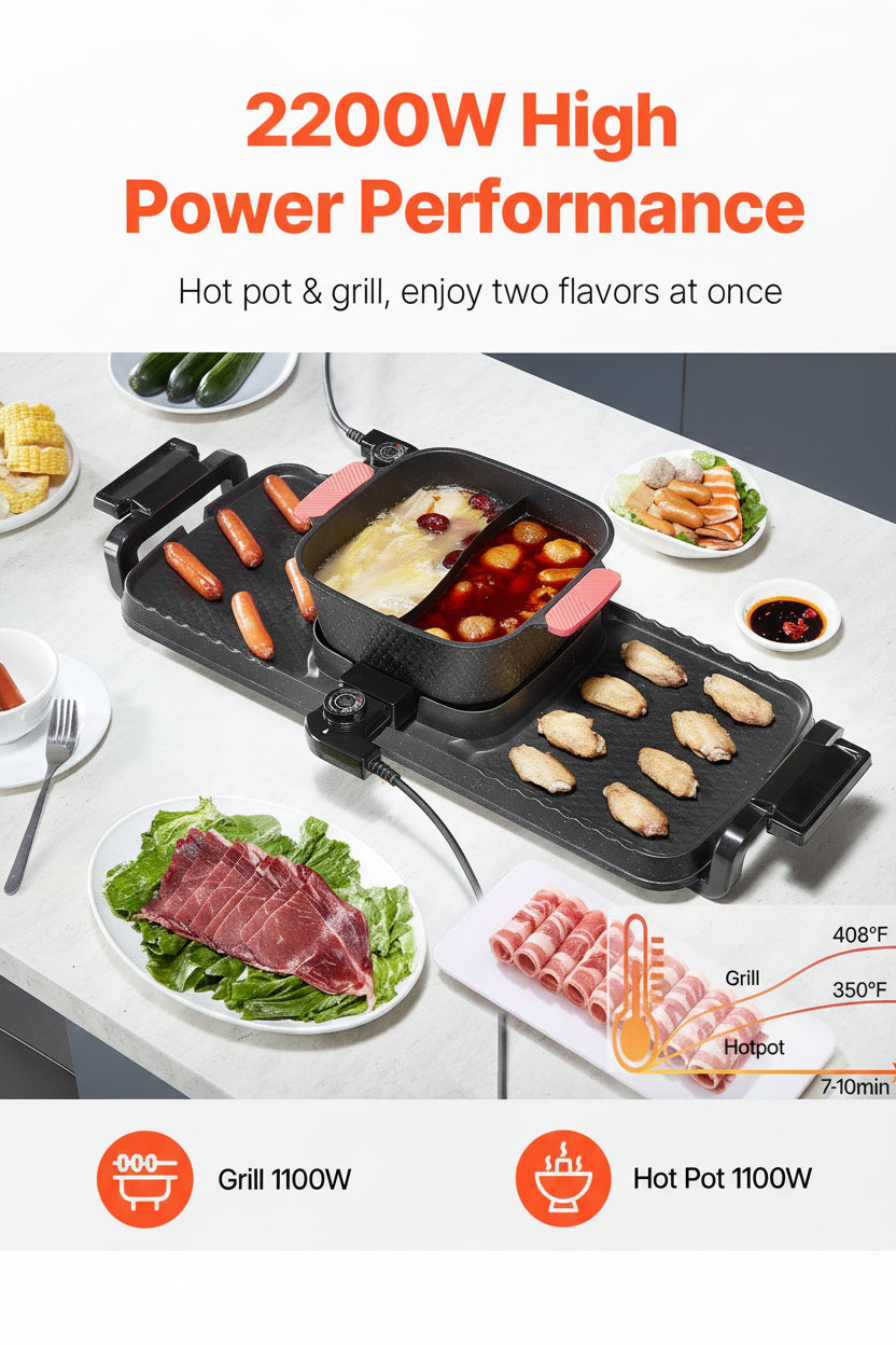 Multifunctional hot pot and grill with food on a table, featuring 2200W high power performance.