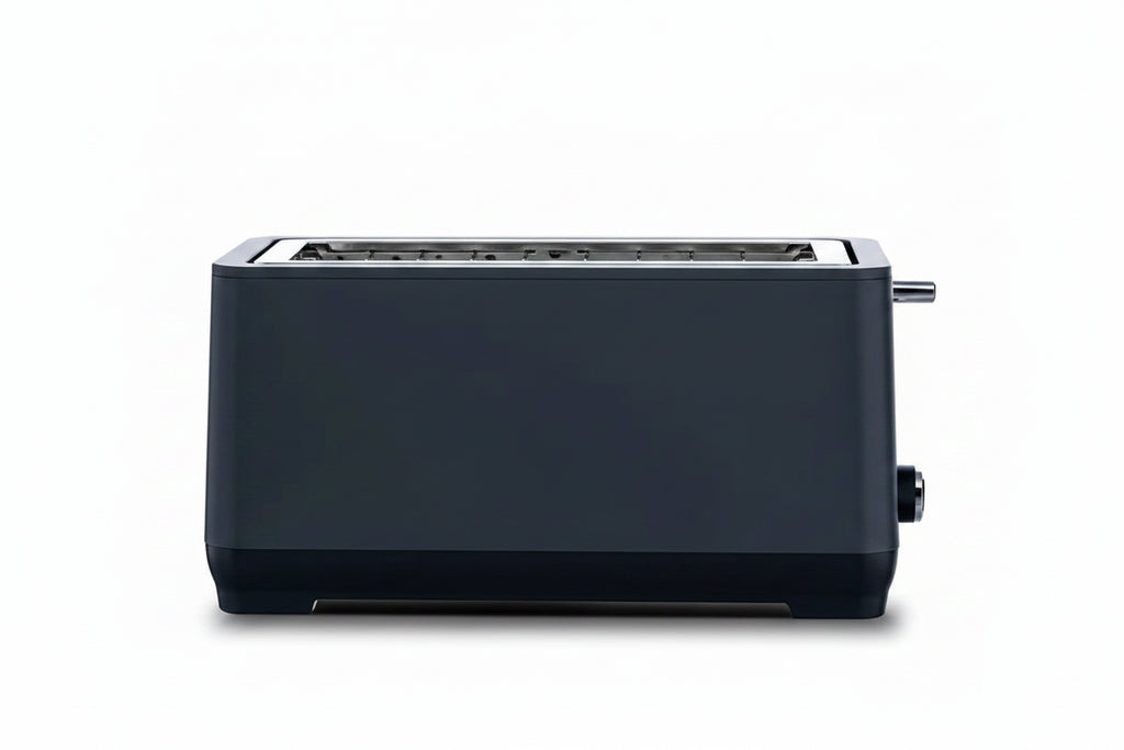 Black toaster with two slices of toast on a white background, featuring .