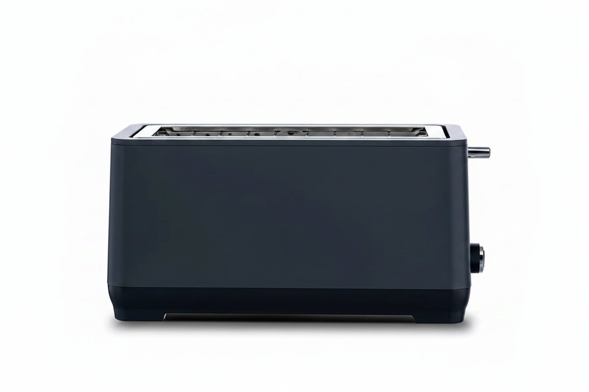 Black toaster with two slices of toast on a white background, featuring .