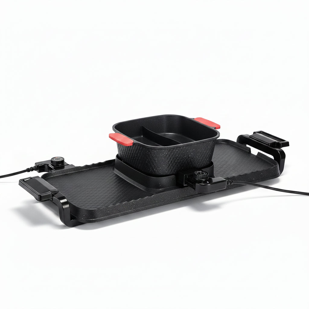 Electric grill with food on a white table