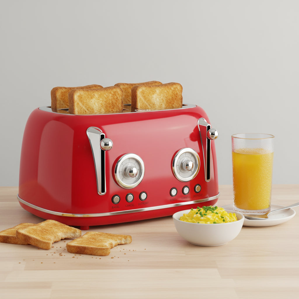 Red toaster with four slices of toast on a white background